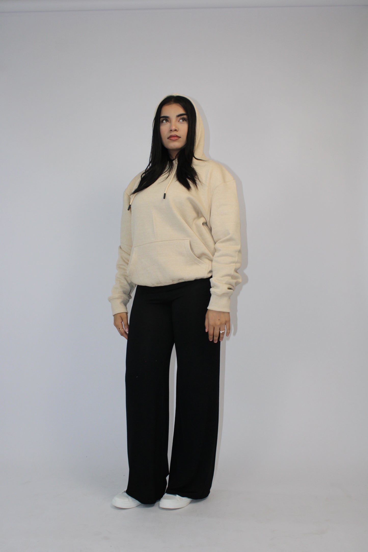 BEIGE PLAIN BASIC DRAWSTRING HOODIE
