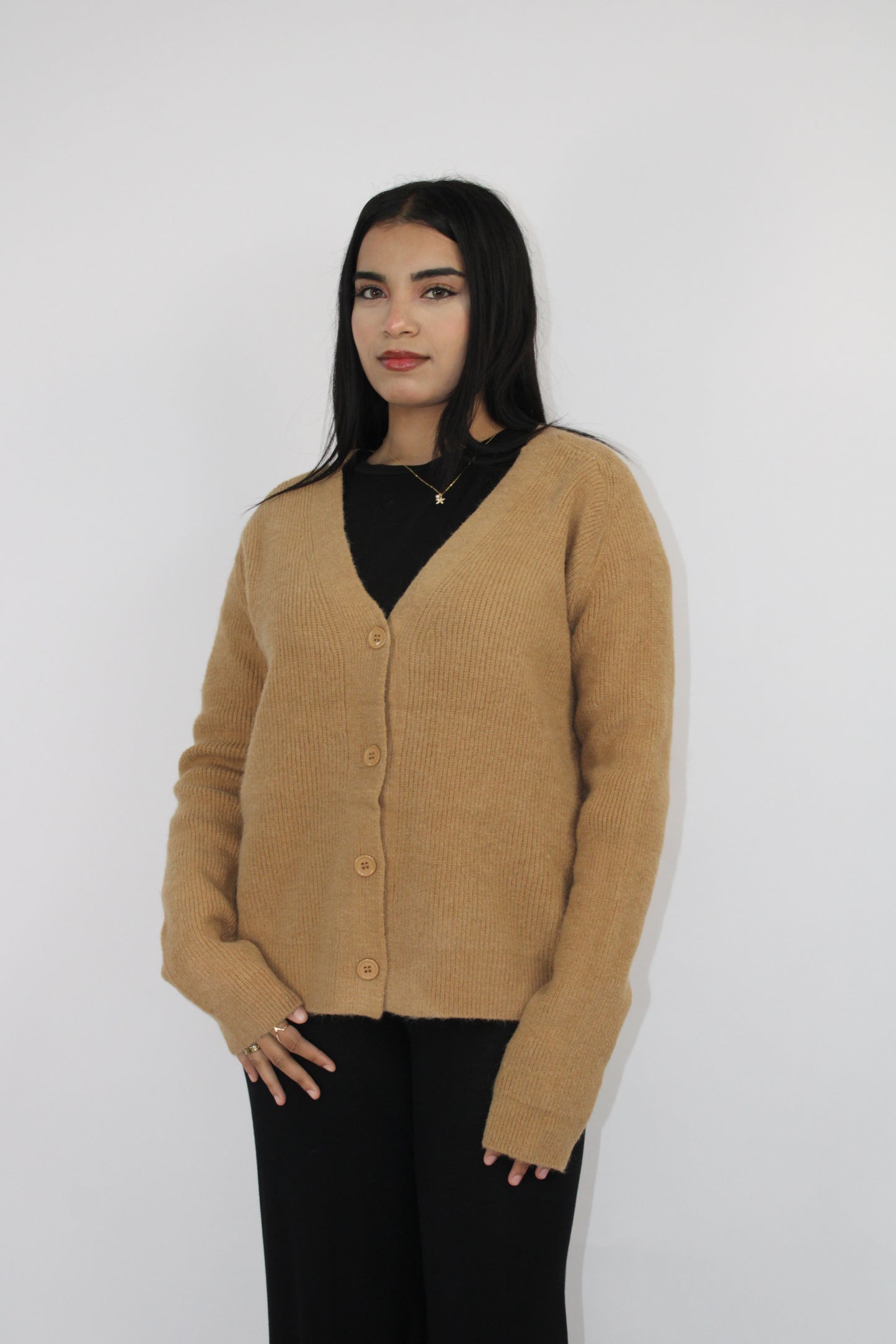 CAMEL SOFT KNIT BUTTON CARDIGAN