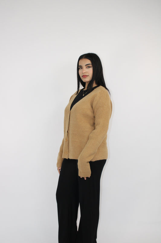 CAMEL SOFT KNIT BUTTON CARDIGAN