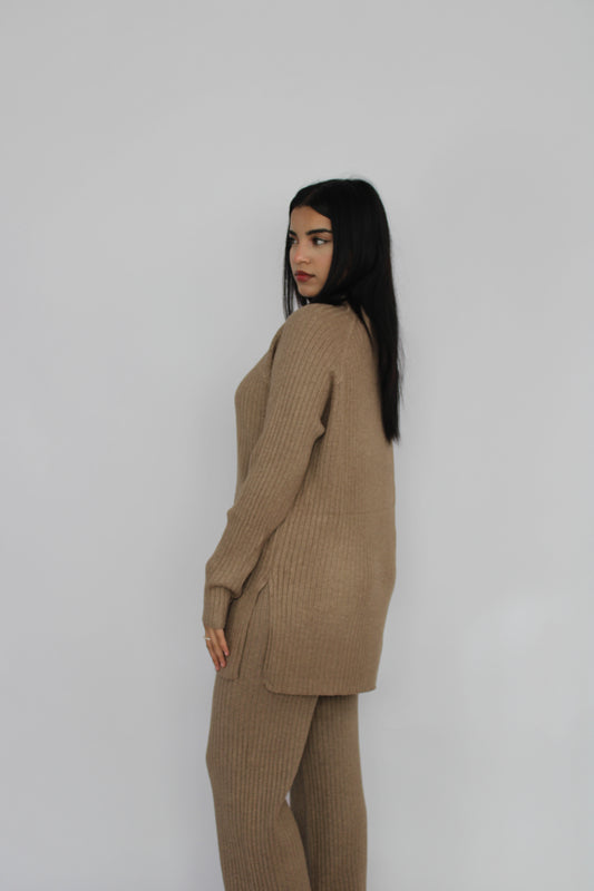 TAUPE RIBBED KNITTED CO ORD SET