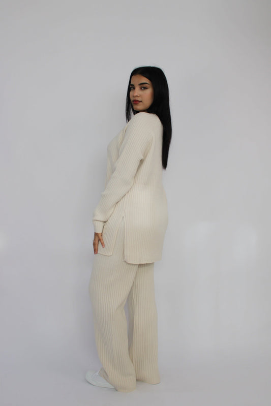 CREAM RIBBED KNITTED CO ORD SET