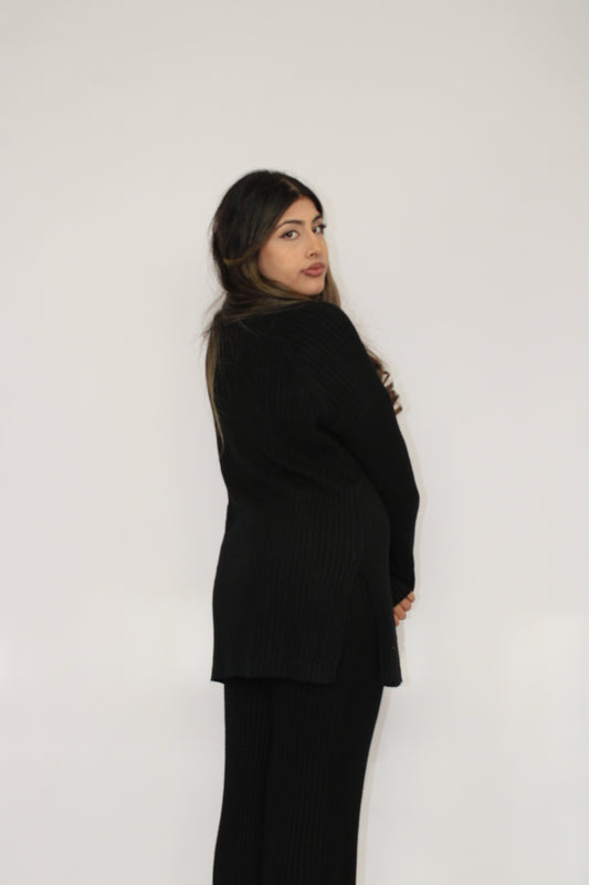 BLACK RIBBED KNITTED CO ORD SET