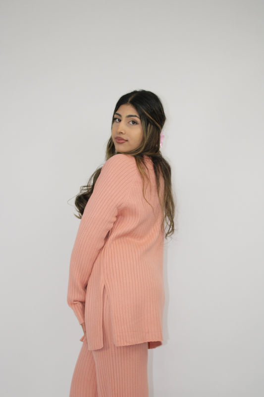 PINK RIBBED KNITTED CO ORD SET