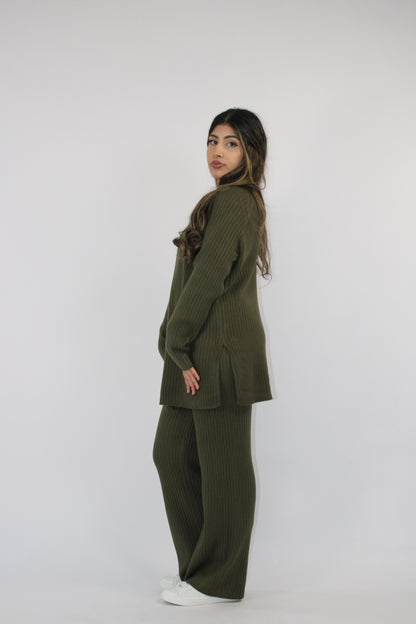 KHAKI RIBBED KNITTED CO ORD SET