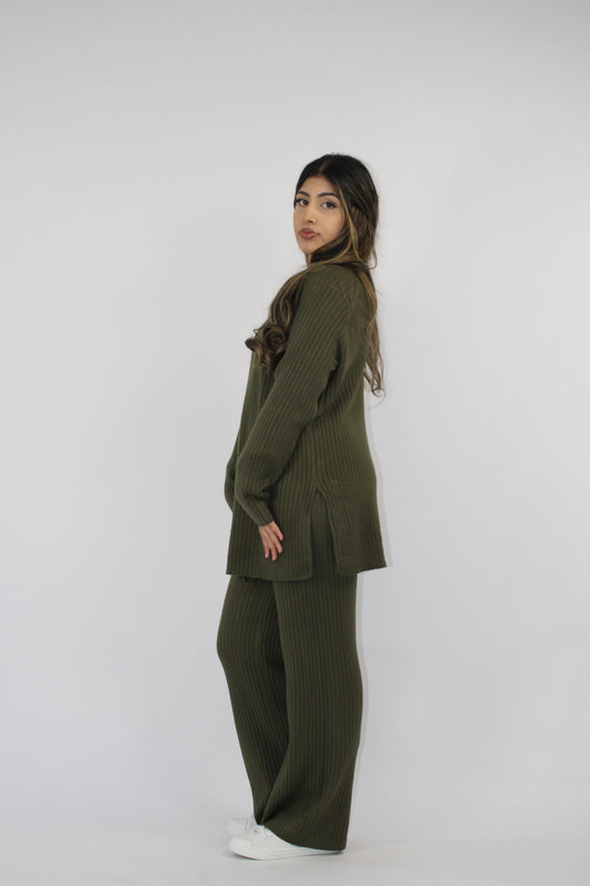 KHAKI RIBBED KNITTED CO ORD SET