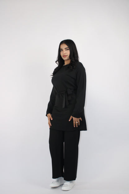BLACK CREPE LONG SLEEVE BELTED CO ORD SET