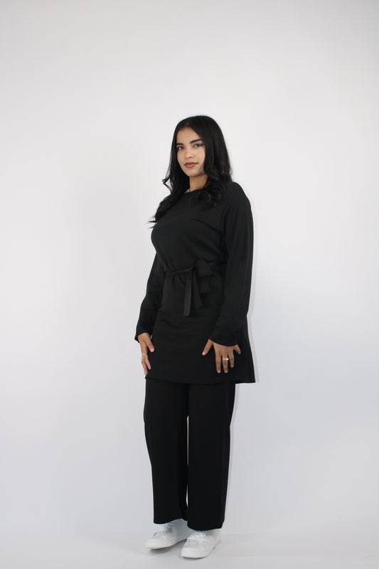 BLACK CREPE LONG SLEEVE BELTED CO ORD SET