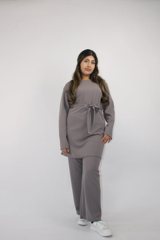GREY LONG SLEEVE BELTED CO ORD SET