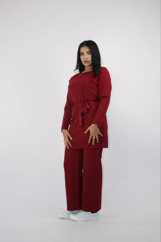 WINE CREPE LONG SLEEVE BELTED CO ORD SET
