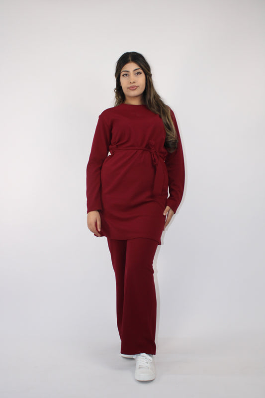 WINE LONG SLEEVE BELTED CO ORD SET