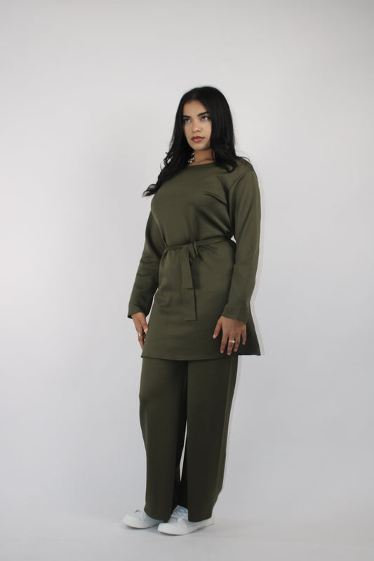 KHAKI CREPE LONG SLEEVE BELTED CO ORD SET