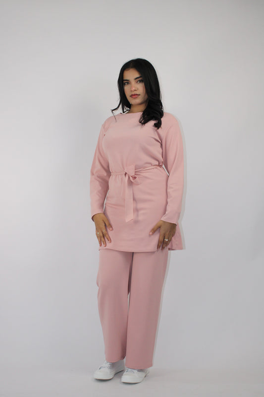 PINK CREPE LONG SLEEVE BELTED CO ORD SET