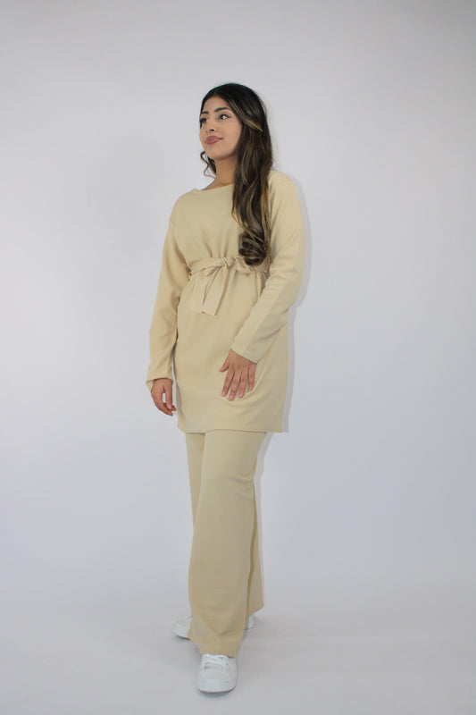 CREAM LONG SLEEVE BELTED CO ORD SET