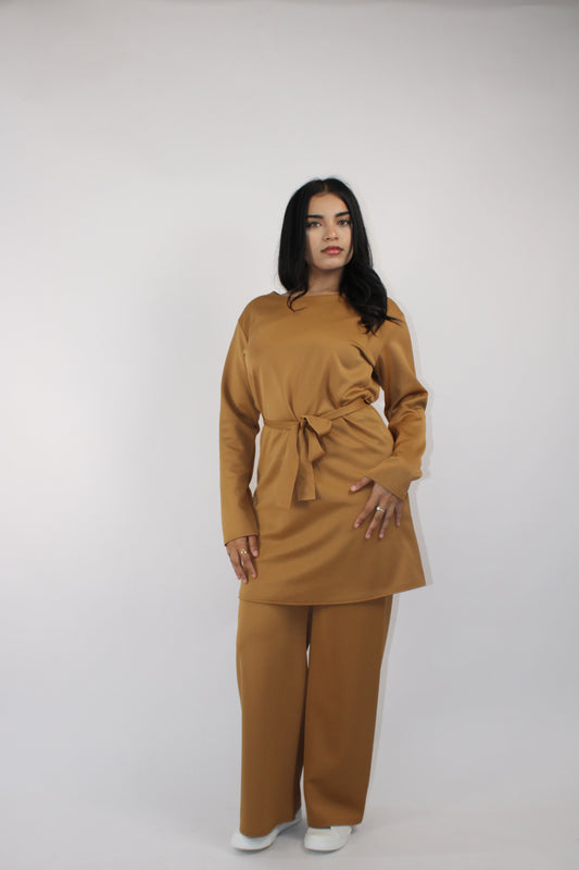 CAMEL CREPE LONG SLEEVE BELTED CO ORD SET