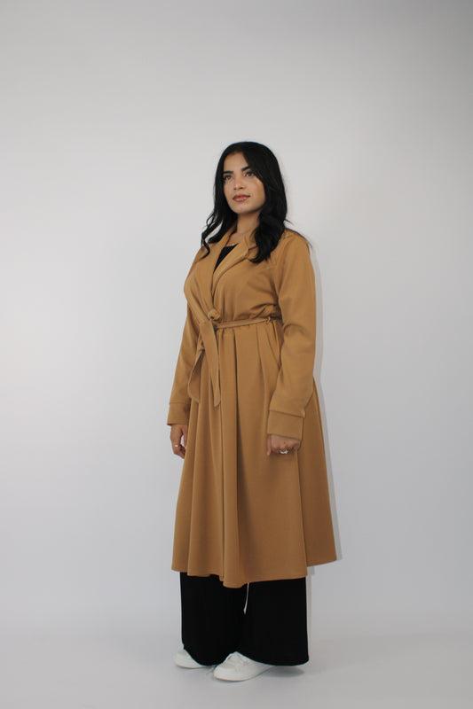 CAMEL LONG JACKET WITH LONG SLEEVES, POCKET AND BELT