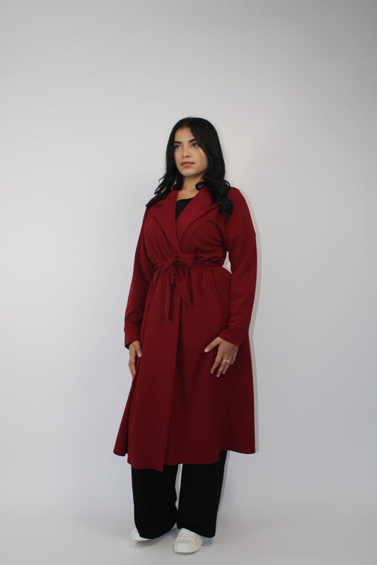 WINE LONG JACKET WITH LONG SLEEVES, POCKET AND BELT