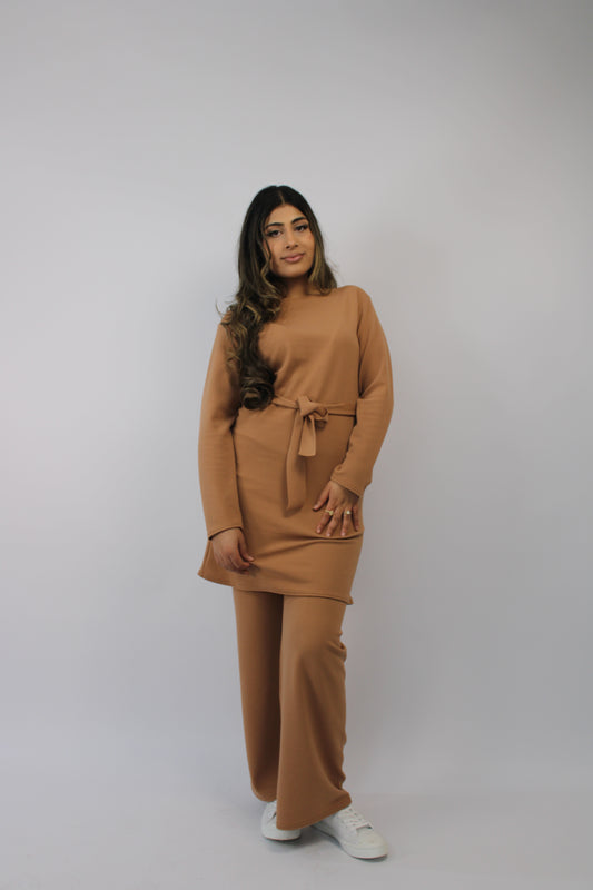 CAMEL LONG SLEEVE BELTED CO ORD SET