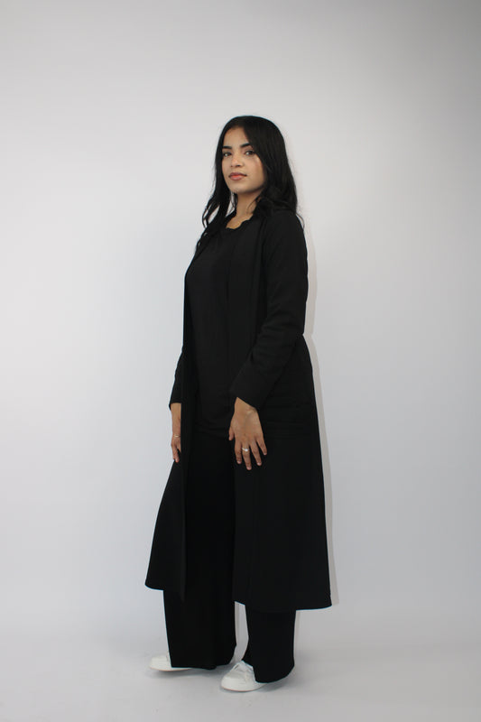 BLACK LONG SLEEVE PLEATED POCKET CARDIGAN