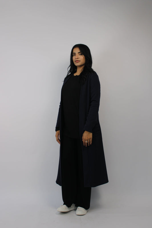 NAVY LONG SLEEVE PLEATED POCKET CARDIGAN