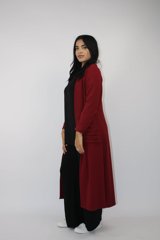 WINE LONG SLEEVE PLEATED POCKET CARDIGAN