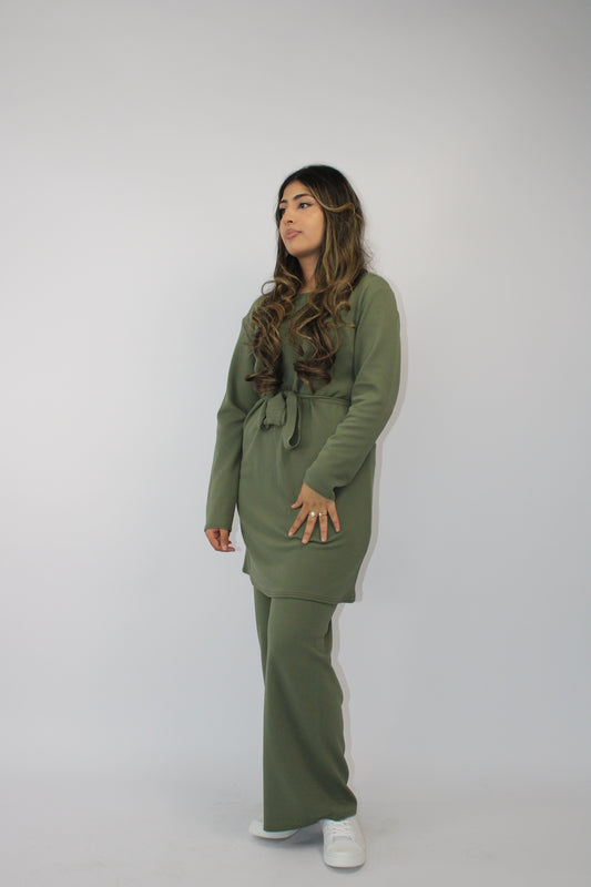 KHAKI LONG SLEEVE BELTED CO ORD SET