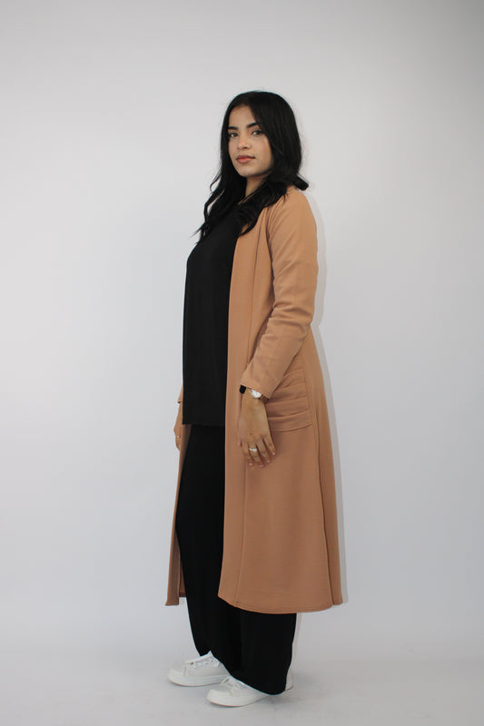 CAMEL LONG SLEEVE PLEATED POCKET CARDIGAN