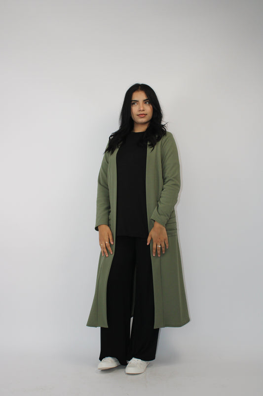 KHAKI LONG SLEEVE PLEATED POCKET CARDIGAN