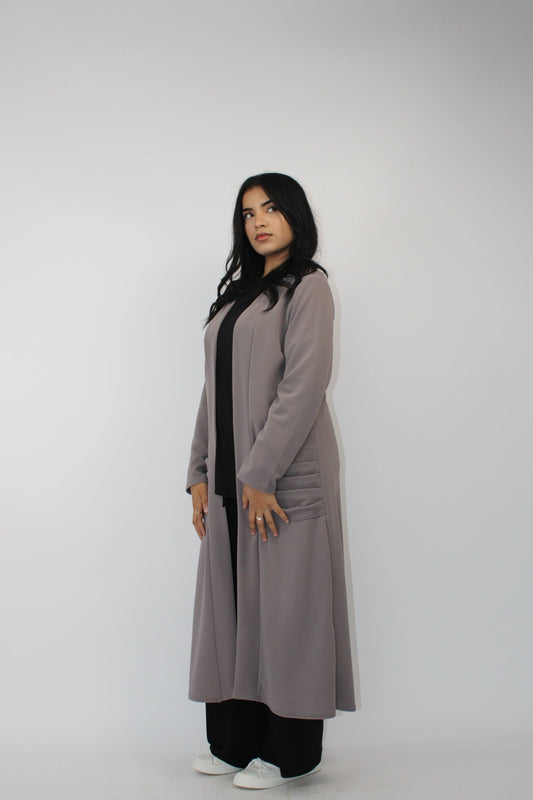 GREY LONG SLEEVE PLEATED POCKET CARDIGAN