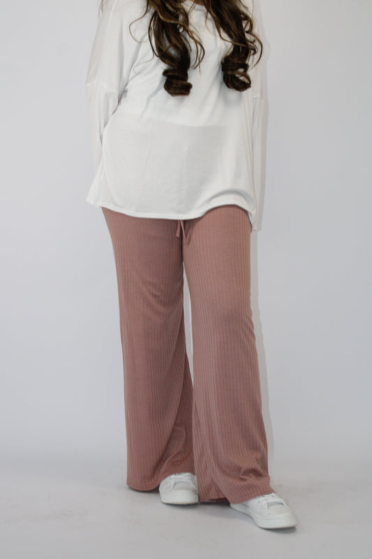 RIBBED WIDE LEG TROUSERS WITH DRAWSTRING DETAIL