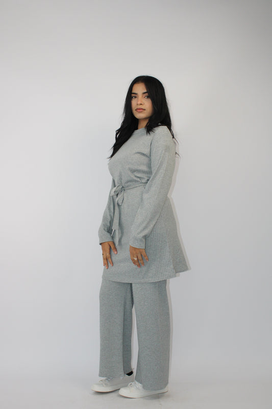 GREY RIBBED LONG SLEEVE BELTED CO ORD SET