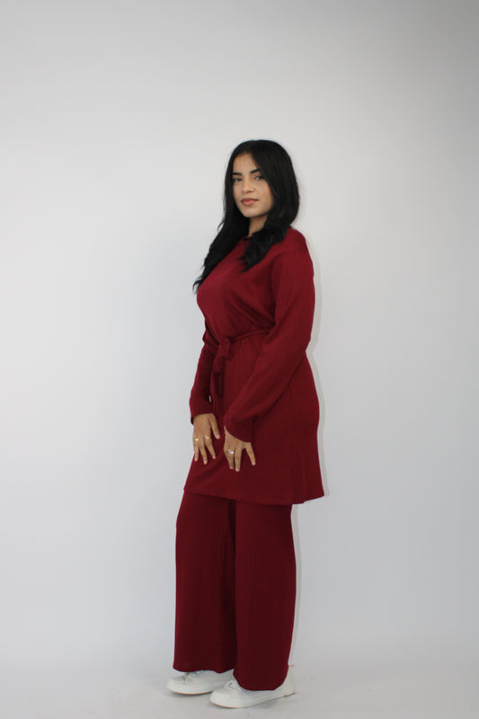 WINE RIBBED LONG SLEEVE BELTED CO ORD SET