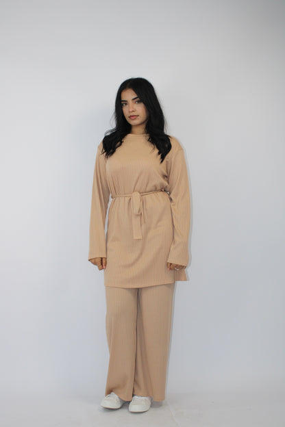 CAMEL RIBBED LONG SLEEVE BELTED CO ORD SET