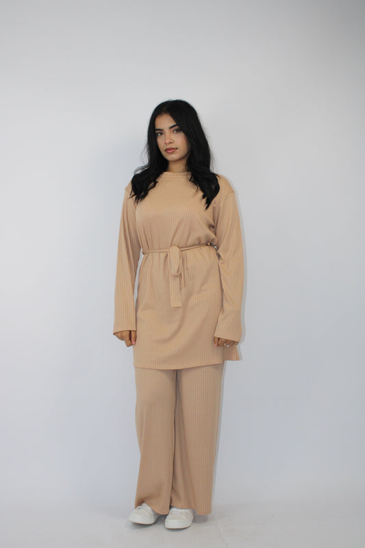 CAMEL RIBBED LONG SLEEVE BELTED CO ORD SET