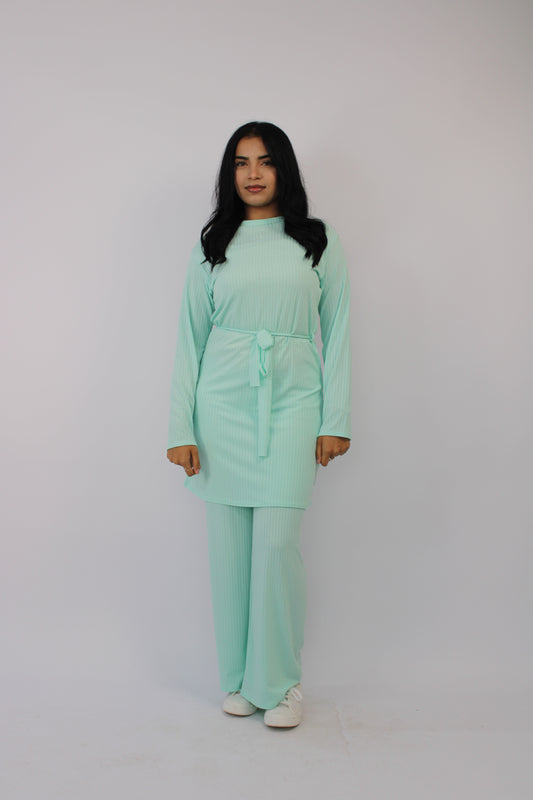 BLUE RIBBED LONG SLEEVE BELTED CO ORD SET