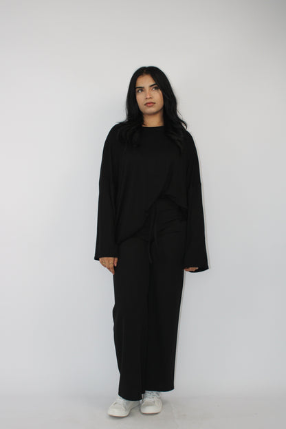 BLACK WIDE LEG TROUSERS WITH DRAWSTRING DETAIL