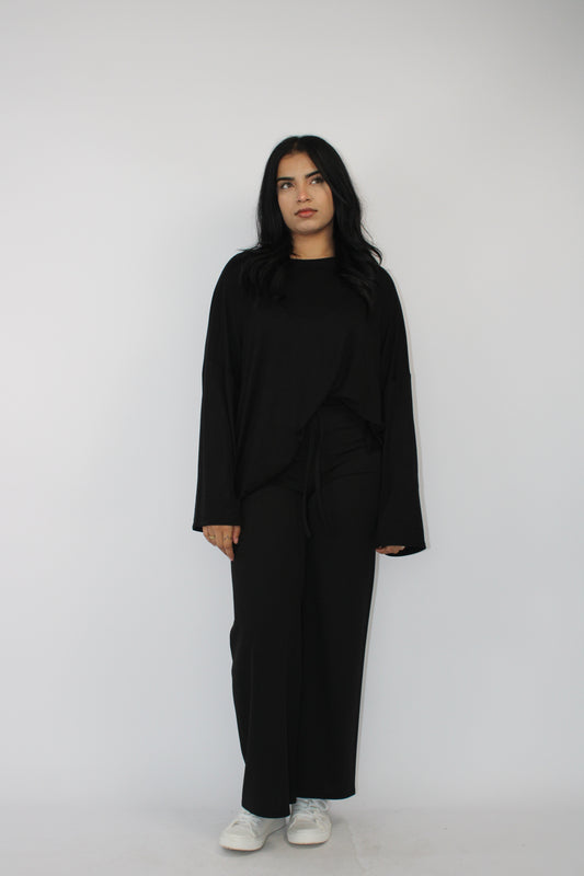 BLACK WIDE LEG TROUSERS WITH DRAWSTRING DETAIL