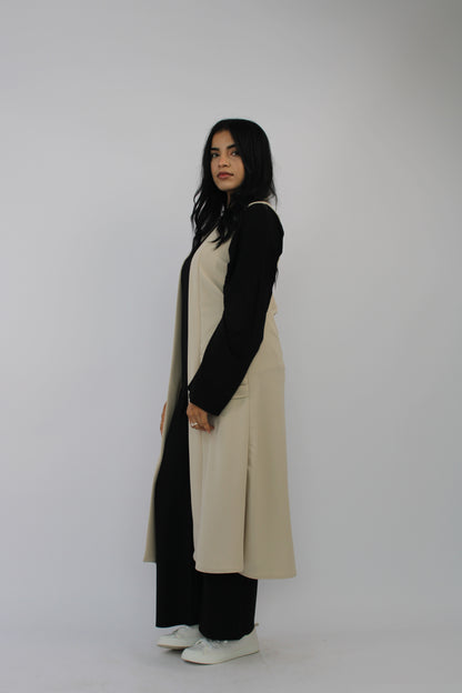 STONE SLEEVELESS PLEATED POCKET LONG CARDIGAN