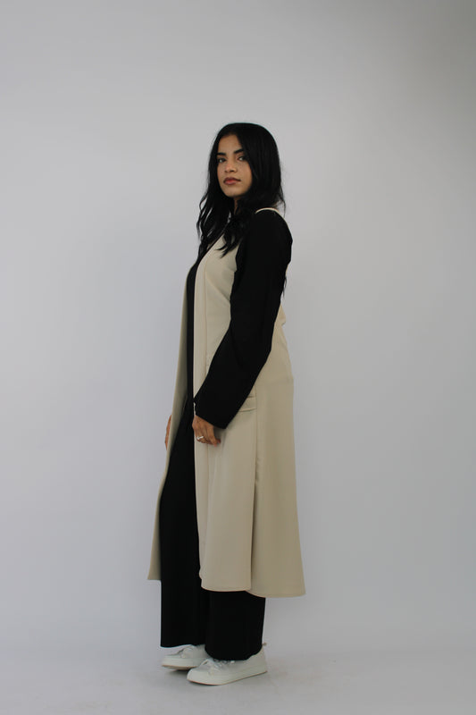 STONE SLEEVELESS PLEATED POCKET LONG CARDIGAN