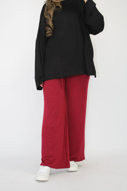 PLAIN COMFORTABLE WIDE LEG TROUSERS WITH DRAWSTRING DETAIL