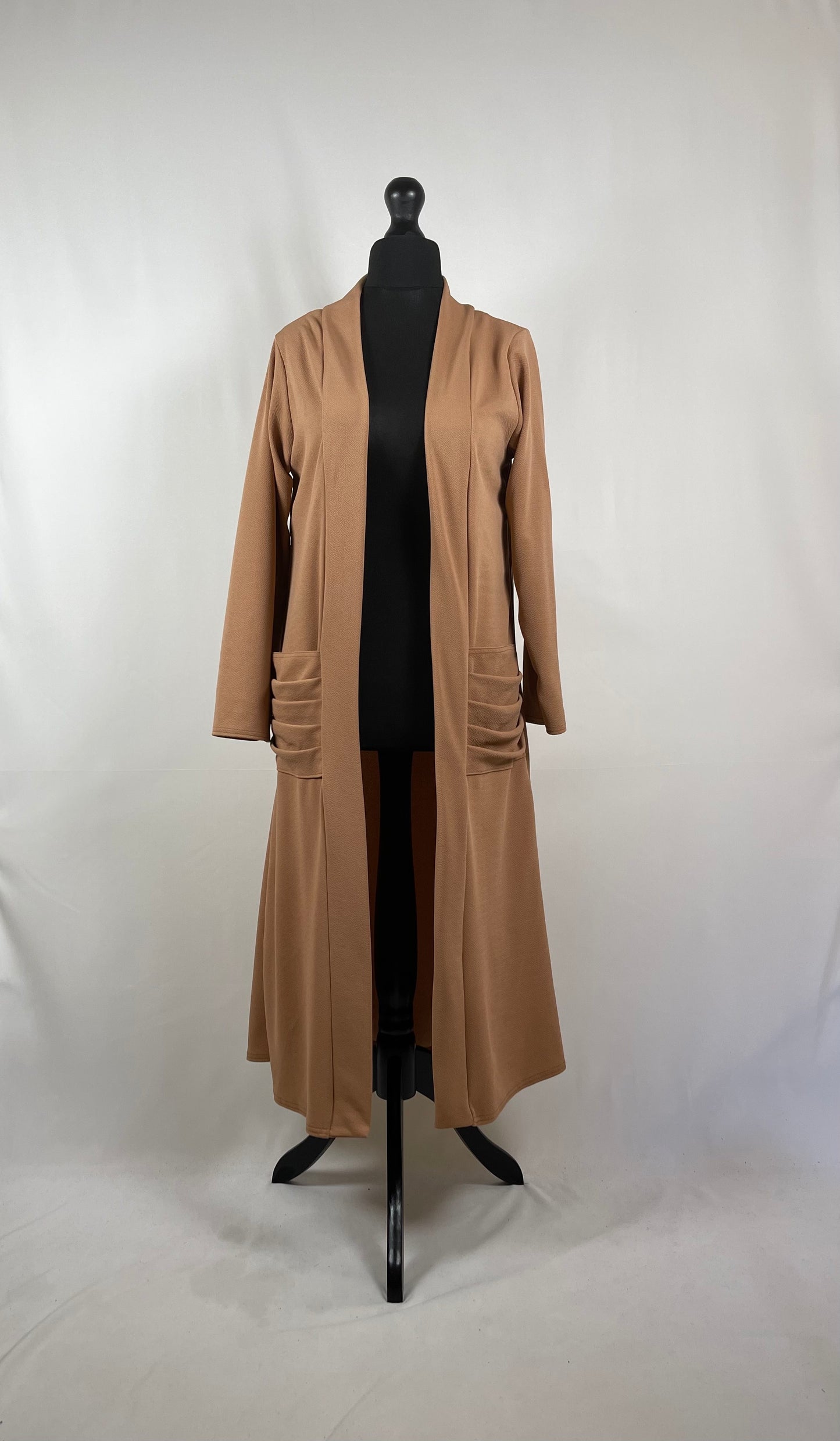 CAMEL LONG SLEEVE PLEATED POCKET CARDIGAN