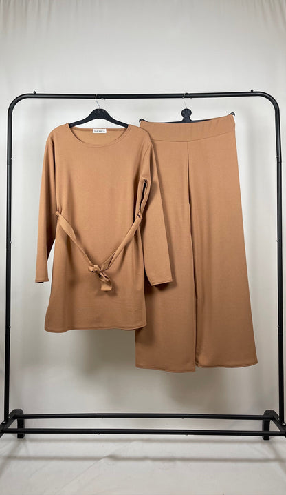 CAMEL LONG SLEEVE BELTED CO ORD SET