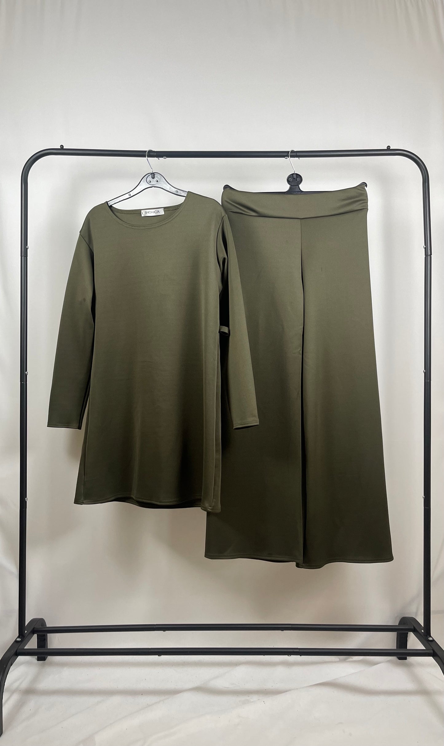 KHAKI CREPE LONG SLEEVE BELTED CO ORD SET