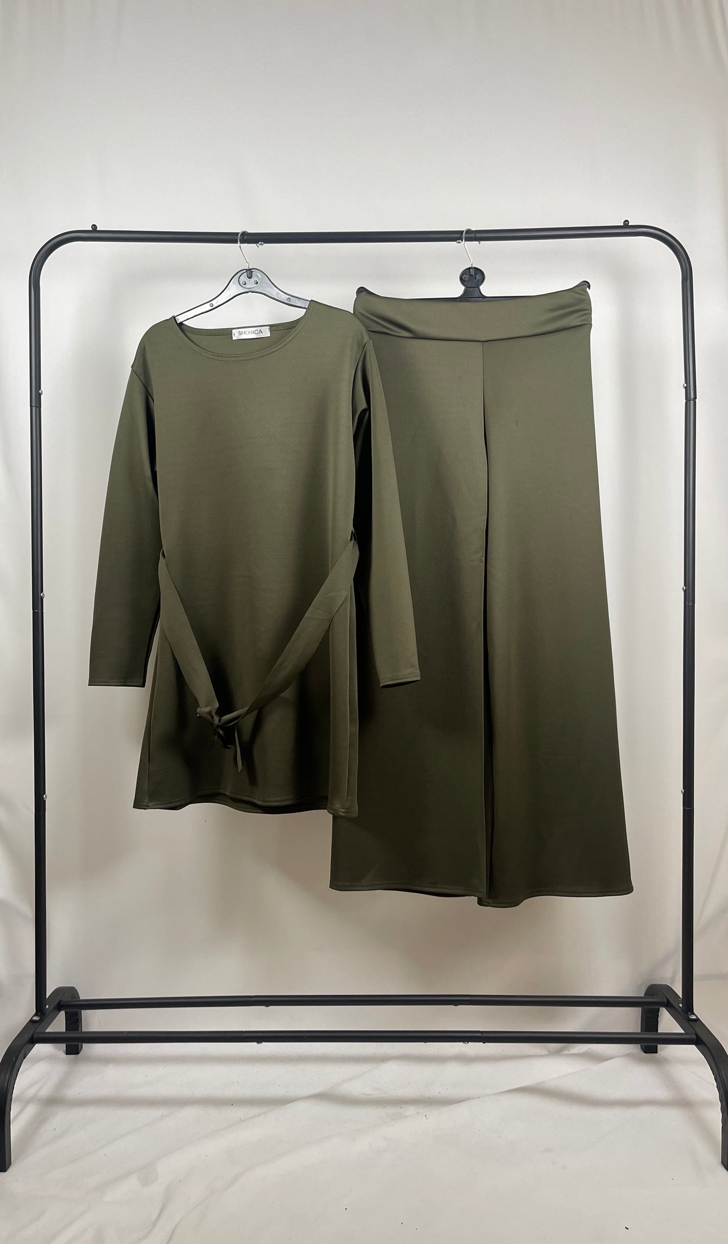 KHAKI CREPE LONG SLEEVE BELTED CO ORD SET