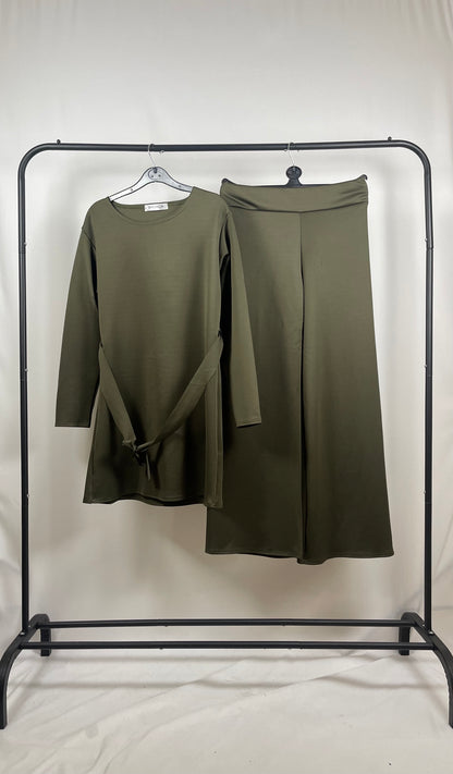 KHAKI CREPE LONG SLEEVE BELTED CO ORD SET