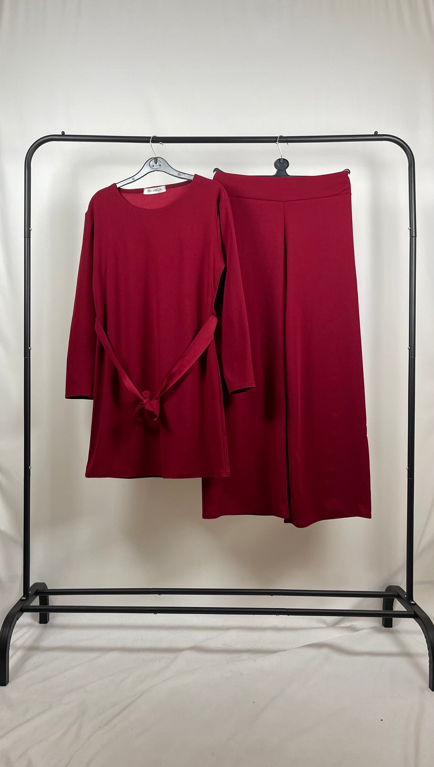 WINE CREPE LONG SLEEVE BELTED CO ORD SET