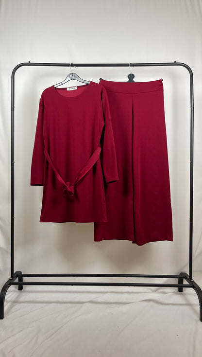 WINE CREPE LONG SLEEVE BELTED CO ORD SET