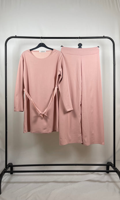 PINK CREPE LONG SLEEVE BELTED CO ORD SET