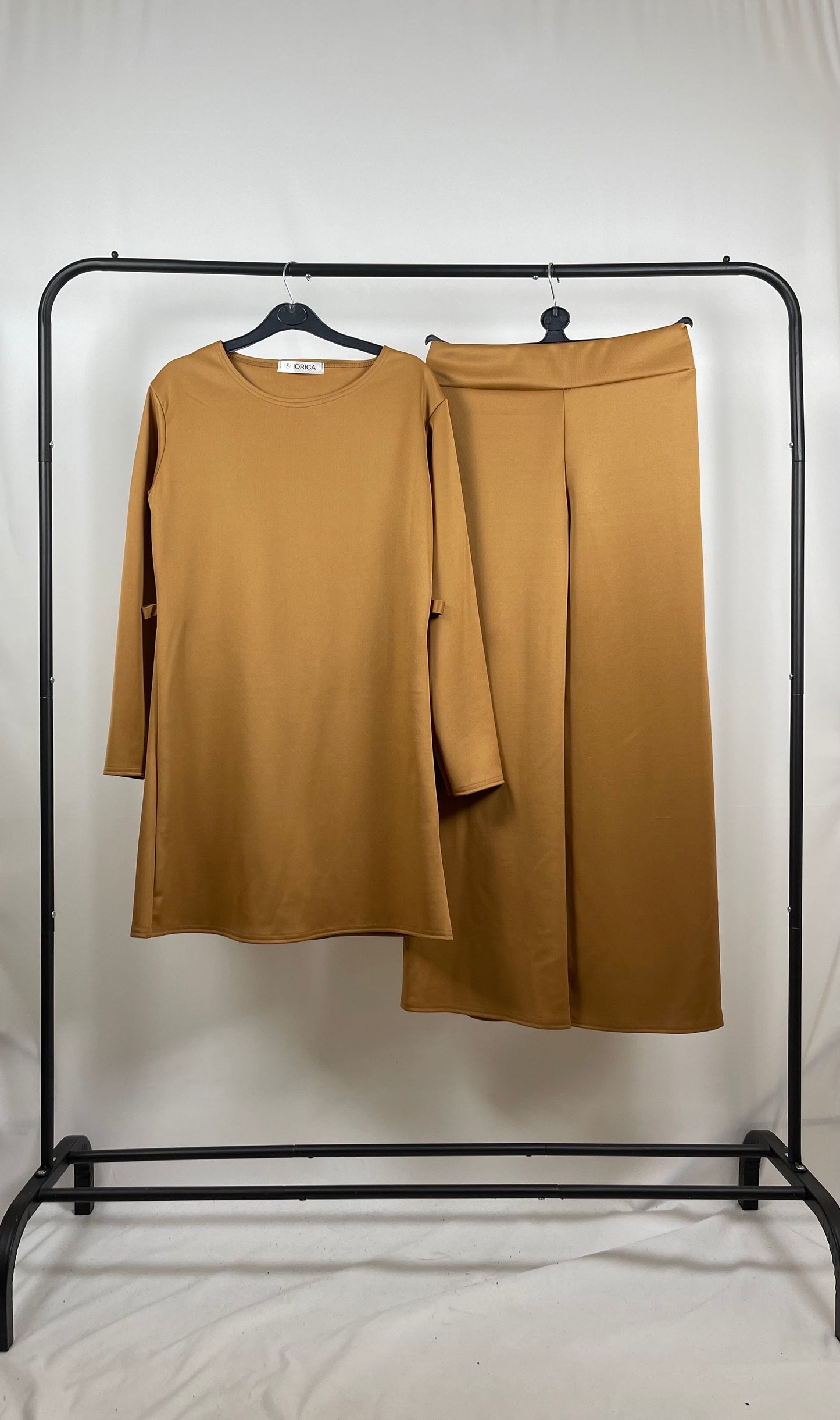 CAMEL CREPE LONG SLEEVE BELTED CO ORD SET