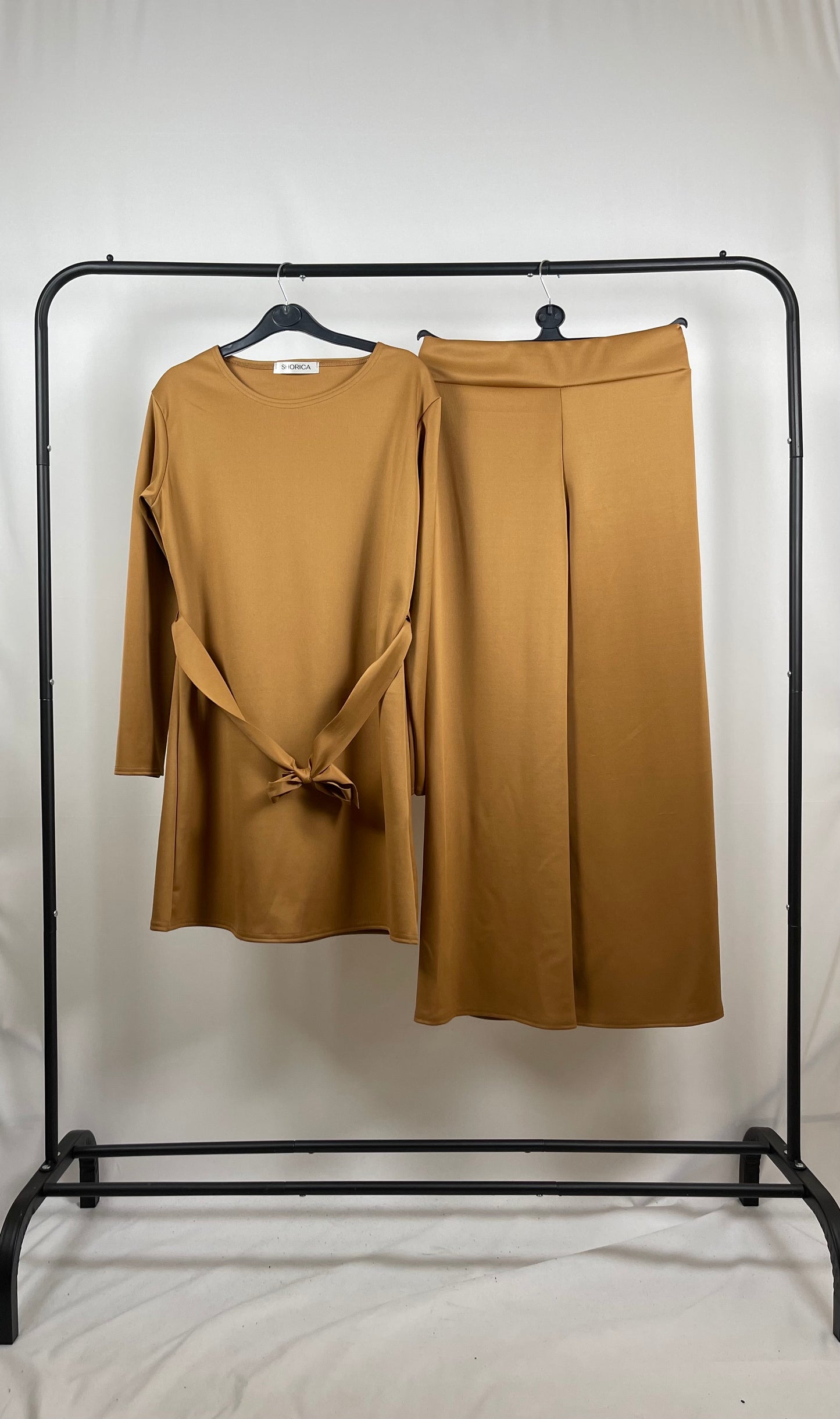 CAMEL CREPE LONG SLEEVE BELTED CO ORD SET
