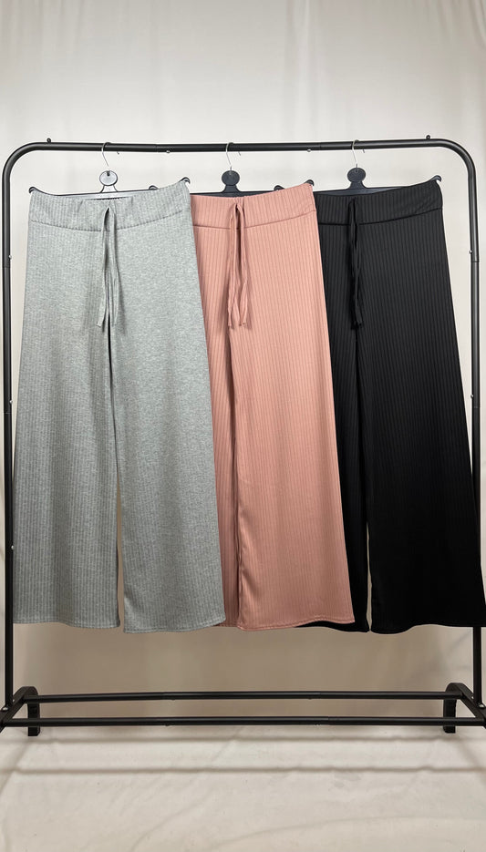 RIBBED WIDE LEG TROUSERS WITH DRAWSTRING DETAIL